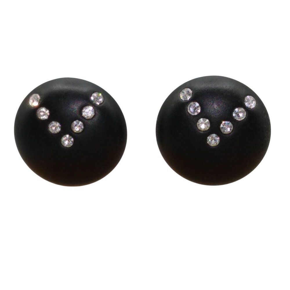 Avon Black Tie Lucite Button Earrings, Vintage Clear Round Inset Rhinestone